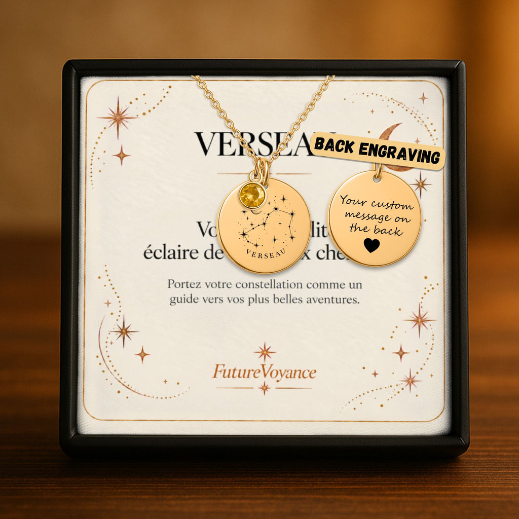 Collier Verseau avec gravure personnalisée au dos : aperçu du texte gravé et de la carte-message