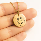 Médaille ronde gravée des symboles Soleil, Lune et Ascendant, tenue dans la main