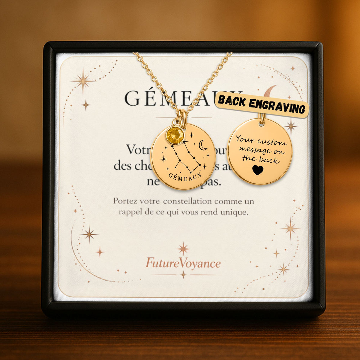 Collier Gémeaux avec gravure personnalisée au dos : aperçu du texte gravé et de la carte-message