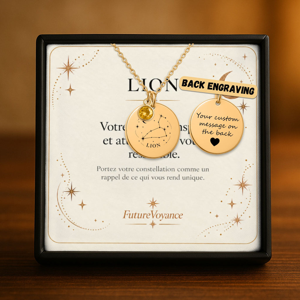 Collier Lion avec gravure personnalisée au dos : aperçu du texte gravé et de la carte-message