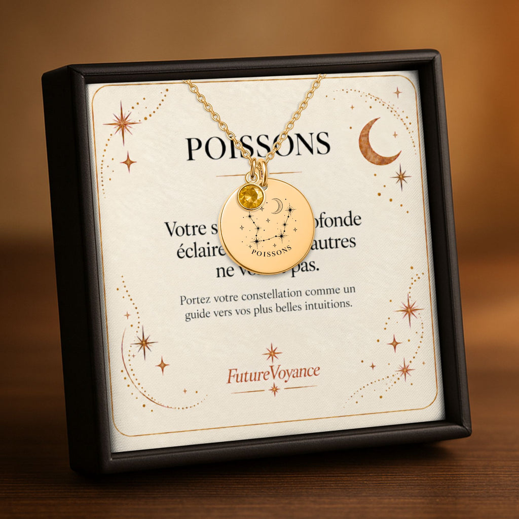 Collier constellation Poissons personnalisé avec pierre de naissance, présenté dans son coffret avec la carte-message Poissons