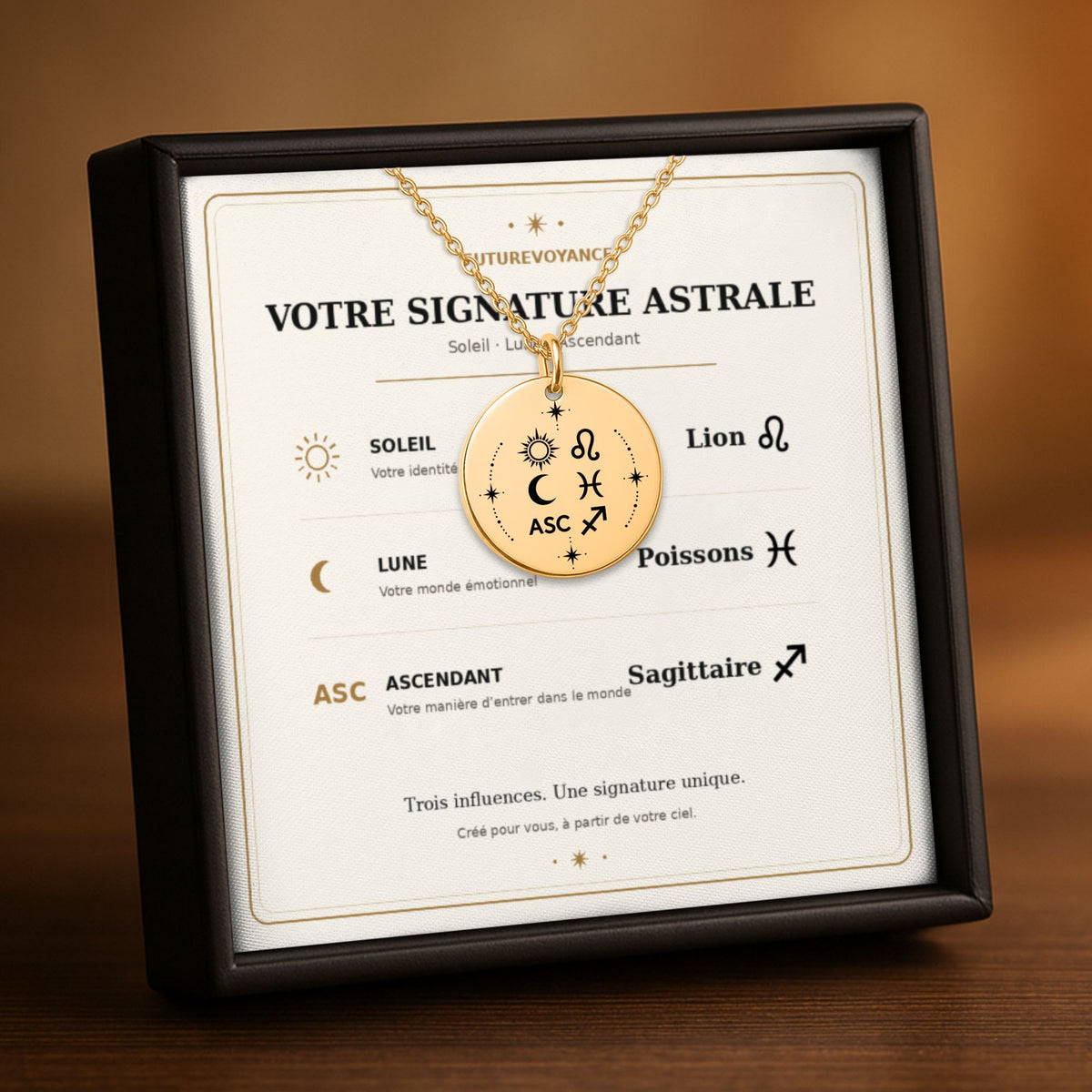 Collier Signature Astrale dans son coffret avec la carte Soleil, Lune et Ascendant (exemple de personnalisation)